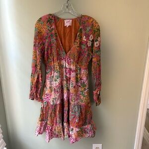 Banjanan Hilary Dress Loki's Garden Caramel & Lilac Ruffle Floral Boho Tiered S